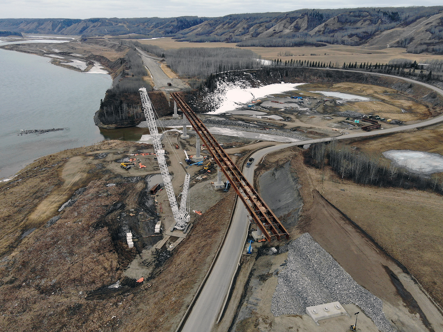 Following the installation of girders, the Farrell Creek Bridge realignment crosses Highway 29 for the first time. | March 2022