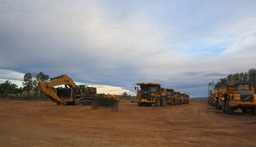 Equipment staging area on the north bank of the Site C dam site.