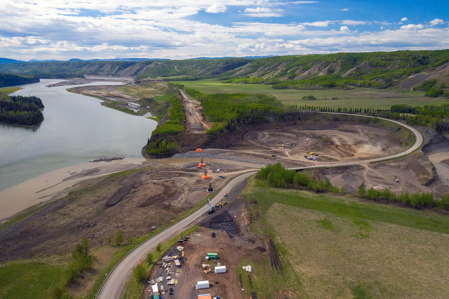 Construction continues on the new Highway 29 realignment and bridge foundation works at Farrell Creek. | May 2021