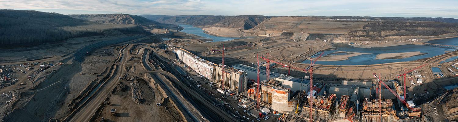 View of the spillways headworks, inlet structures and the dam and core buttress. | October 2021