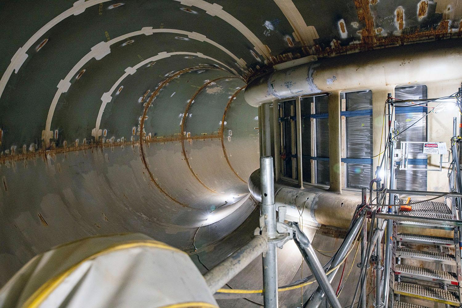 Water will flow inside this spiral case and spin a turbine to generate electricity.