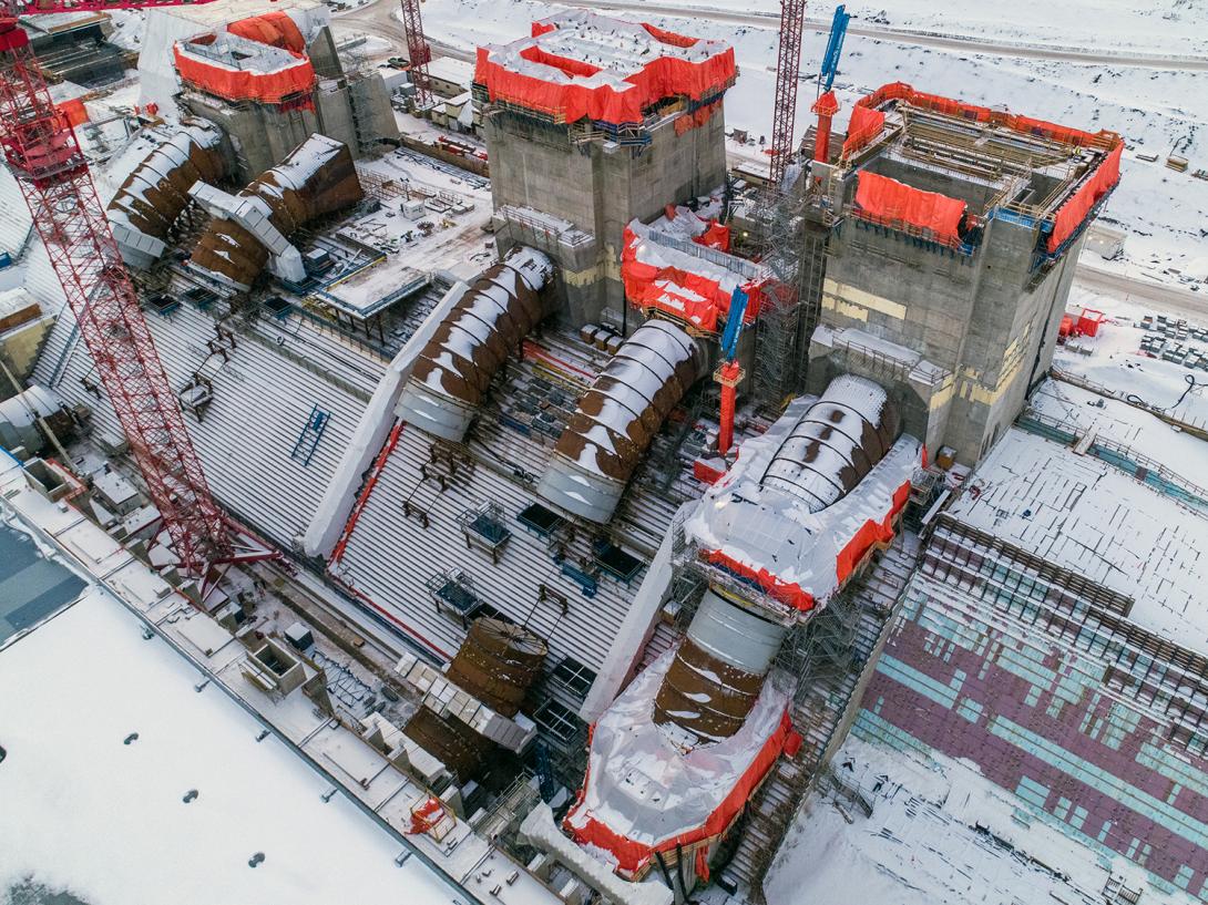 An aerial view of the Site C penstocks and intakes under construction. | January 2021