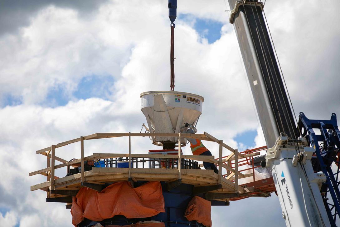 Each of the six Cache Creek bridge piers consists of a 10-metre in diameter pile cap at the base, a 5-metre in diameter hollow column, and a 2.8-metre in diameter solid section with a pier cap on top to support the bridge superstructure. | June 2021 