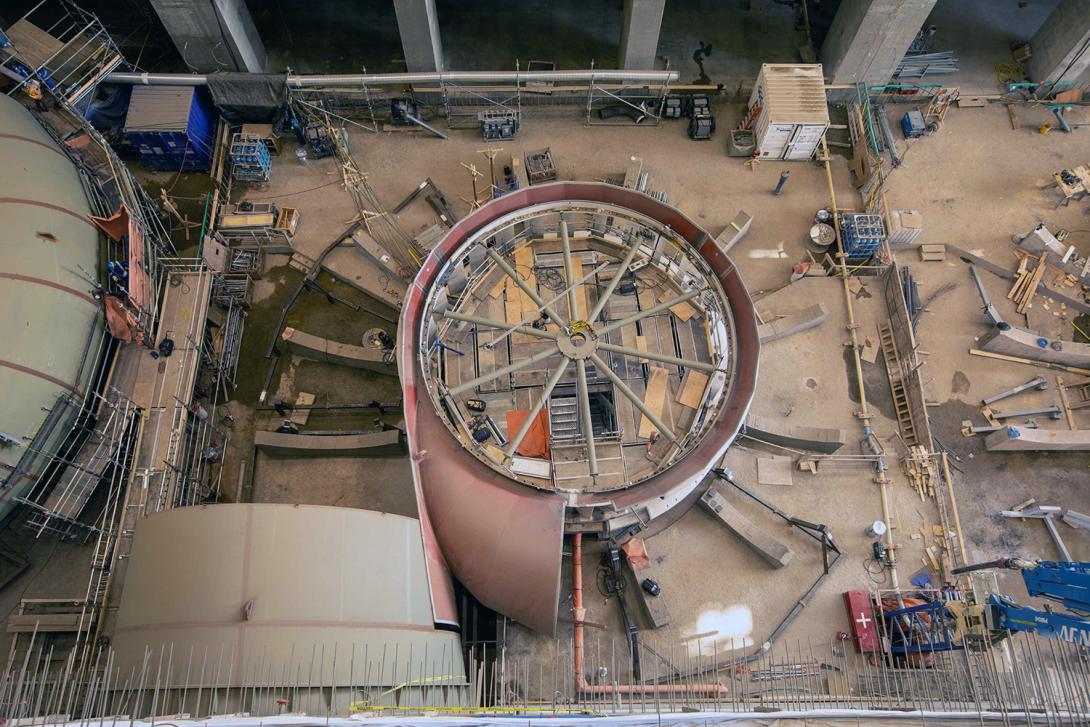 The unit 3 thrust ring and stay ring have been installed. Crews are building the temporary supports for the spiral case installation. | July 2021