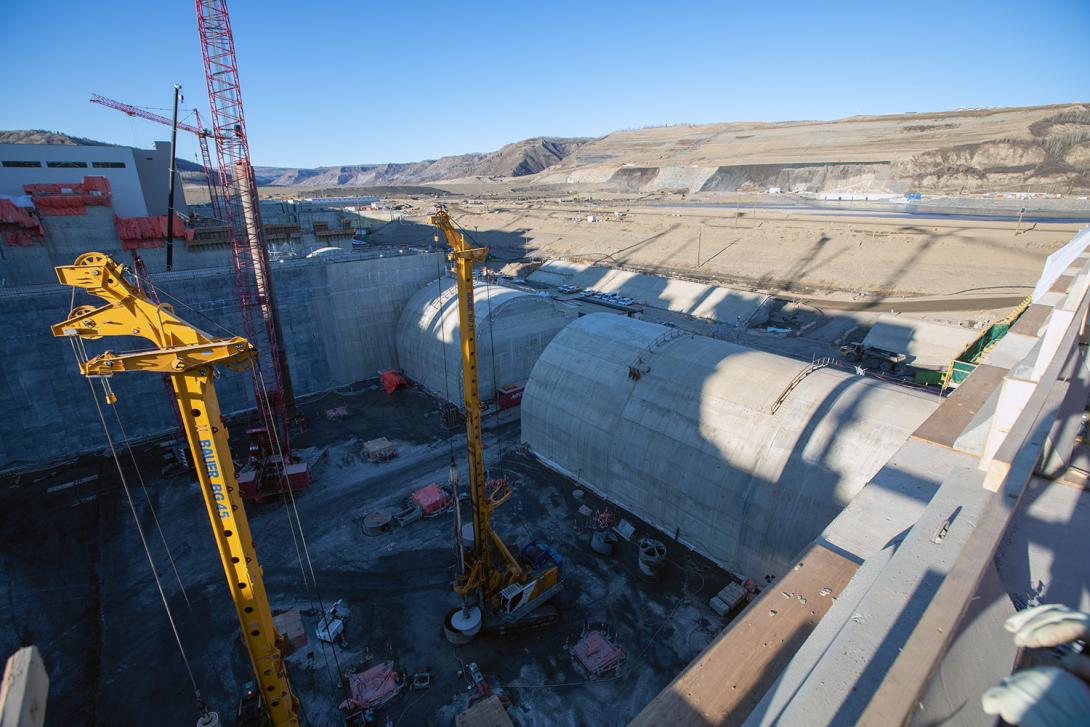 Foundation enhancement drilling is ongoing in the east bay of the spillway stilling basin. | October 2021