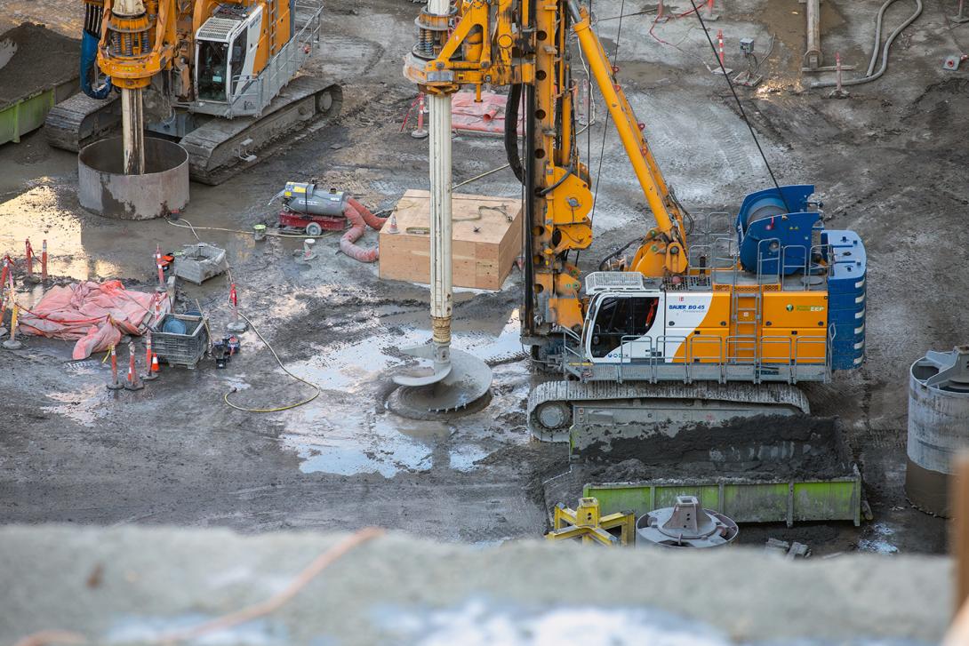 Piles are drilled for the right bank foundation enhancement in the stilling basin. | October 2021