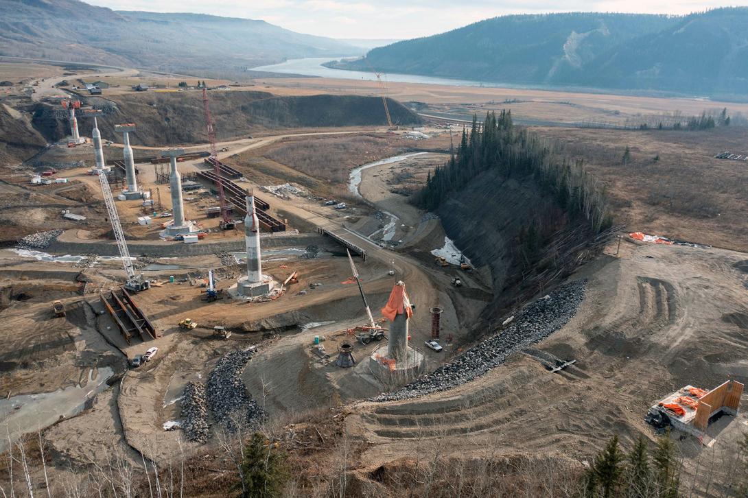 A pier is tarped to protect the transition cone on the Cache Creek bridge.  