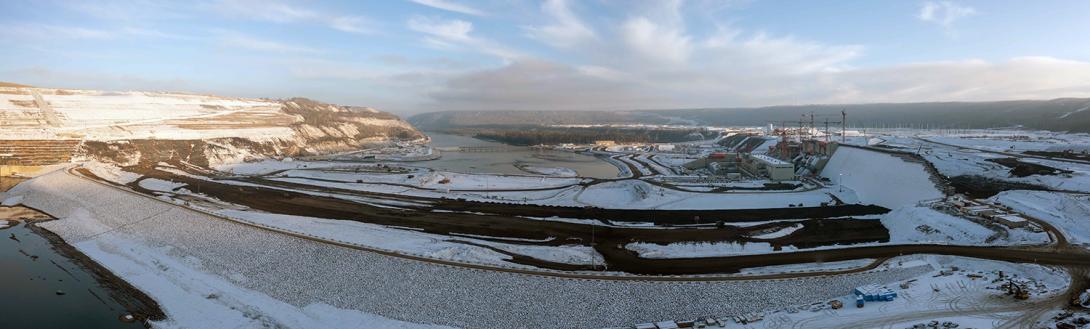Panorama of the Site C construction site, looking downstream.