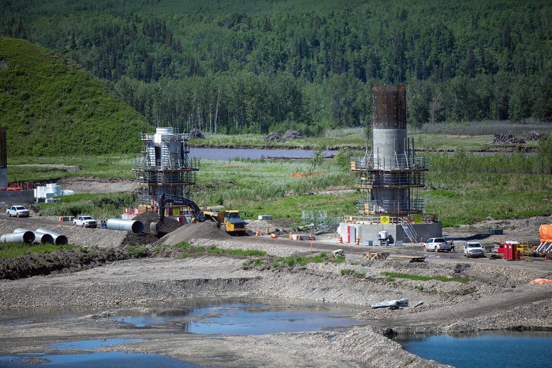 Highway 29 realignment at Halfway River, where nine of the 12 bridge piers are under construction. | June 2020