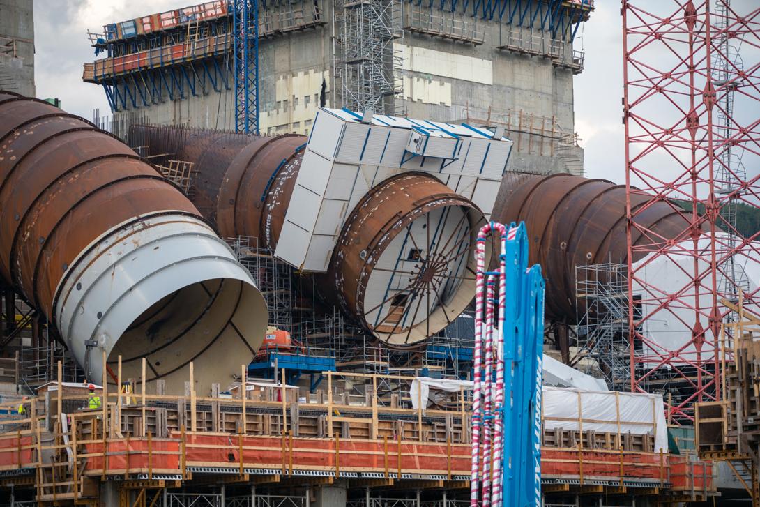 Intake structures and penstocks 1, 2 and 3 (right to left), in progress. | July 2020 