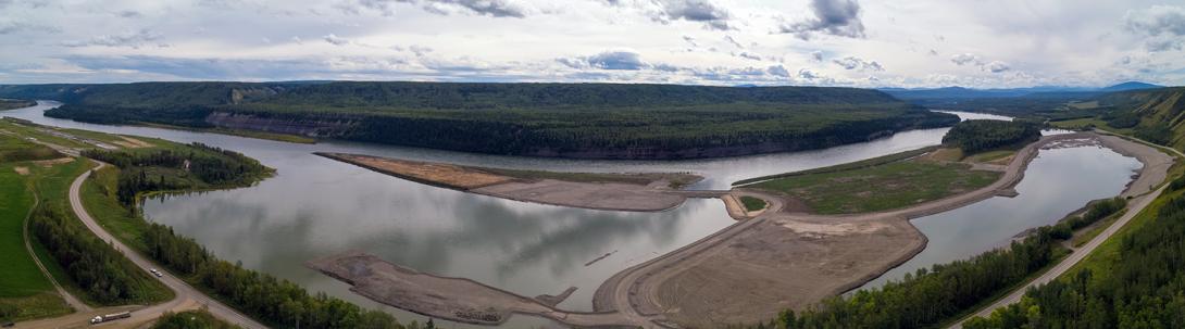 The highway approach on the east side of the new Halfway River bridge is under construction. | August 2020