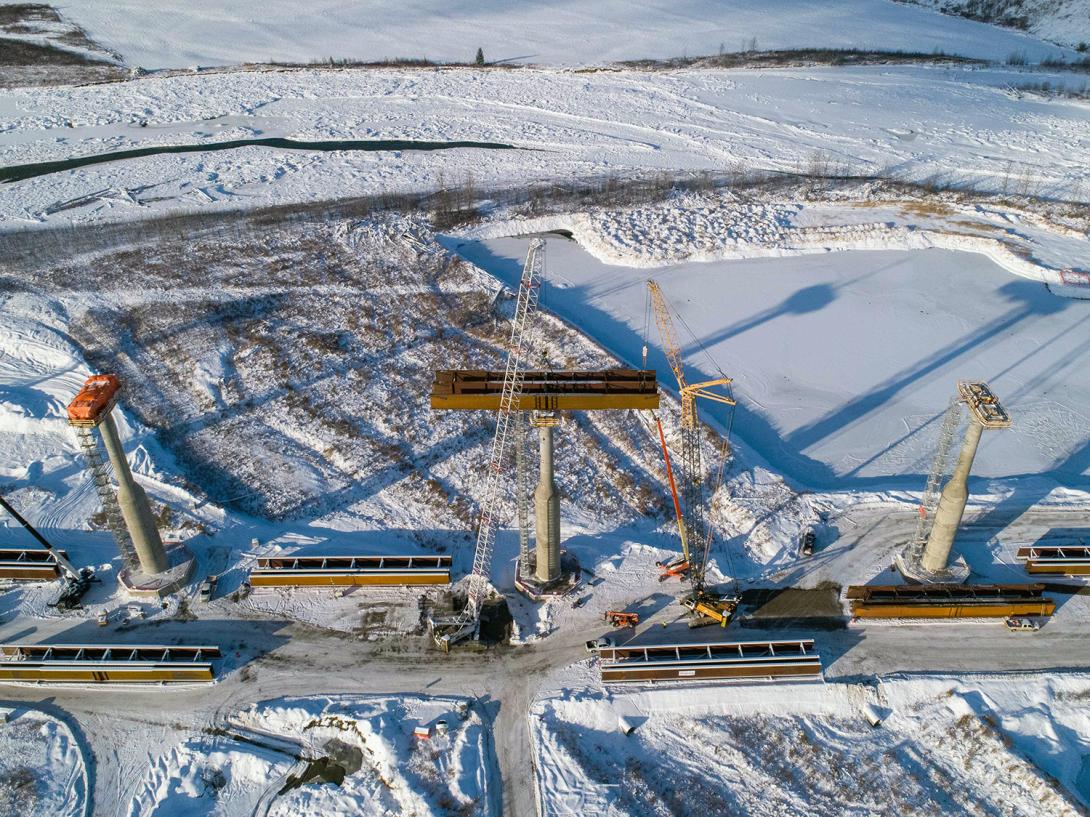 The first girder is installed at the Halfway River bridge on November 18, 2020. | November 2020