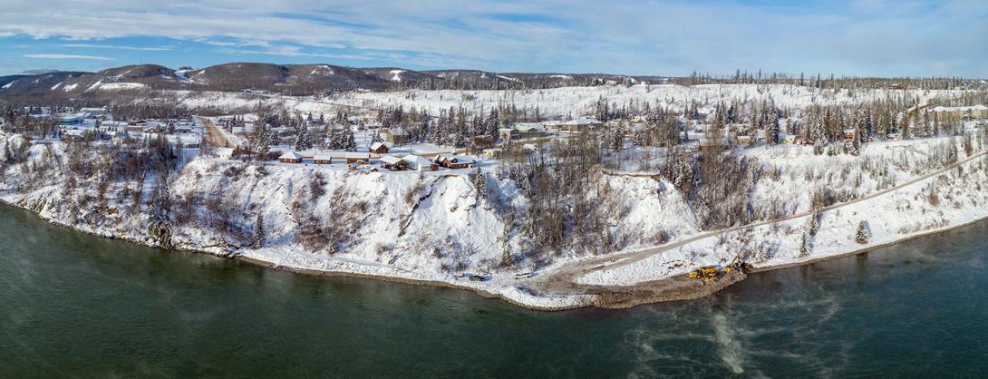 An aerial view of the in-river works for shoreline protection at the bottom of the D.A. Thomas Road in Hudson’s Hope. | November 2020