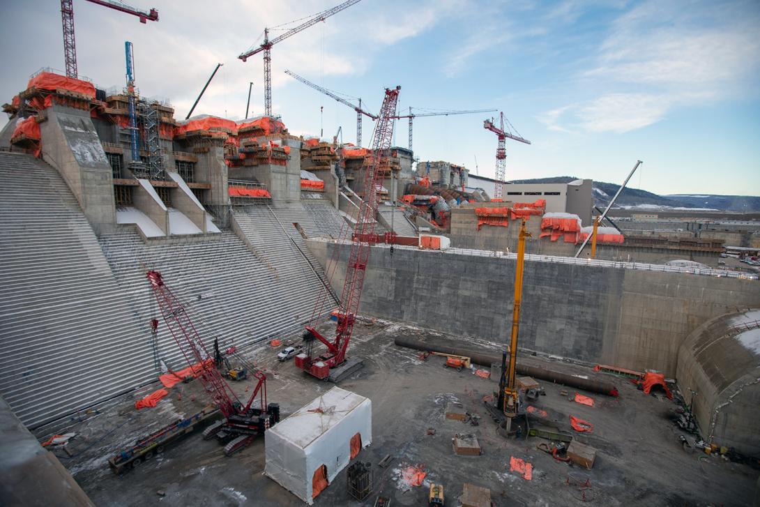 The east stilling basin and a downstream view of the spillway headworks. | December 2021