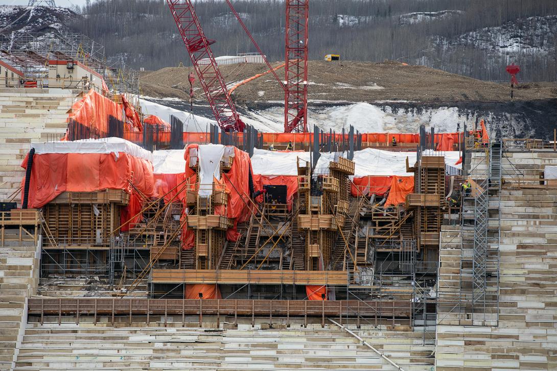 Spillway headworks under construction. The construction of a spillway will allow the passage of large volumes of water from the reservoir into the river channel downstream. | April 2021