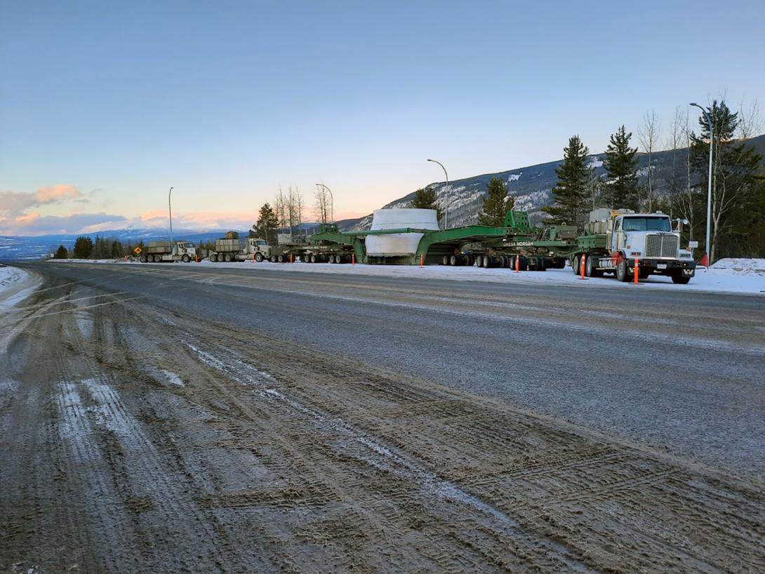 The Unit 1 turbine runner parked at the Hungry Hill rest stop outside Houston, B.C. | January 2021