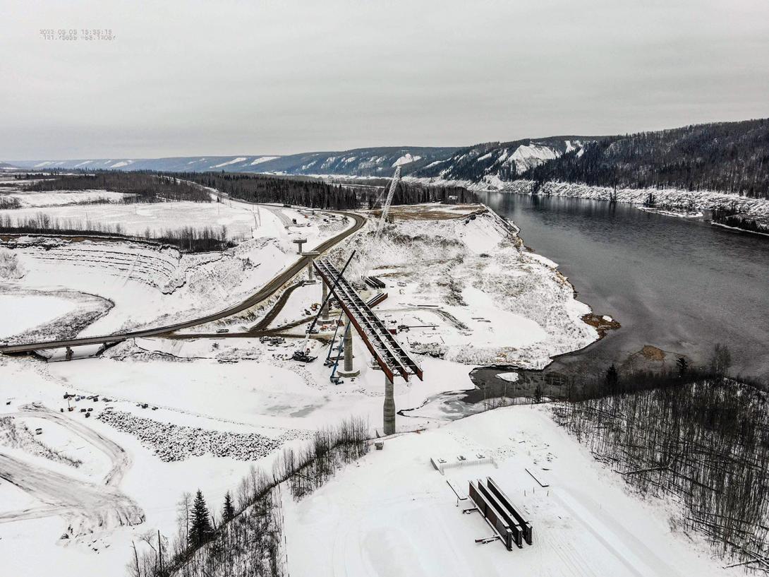 View of the Farrell Creek bridge realignment showing completed steel installation between piers 1 to 3. | March 2022