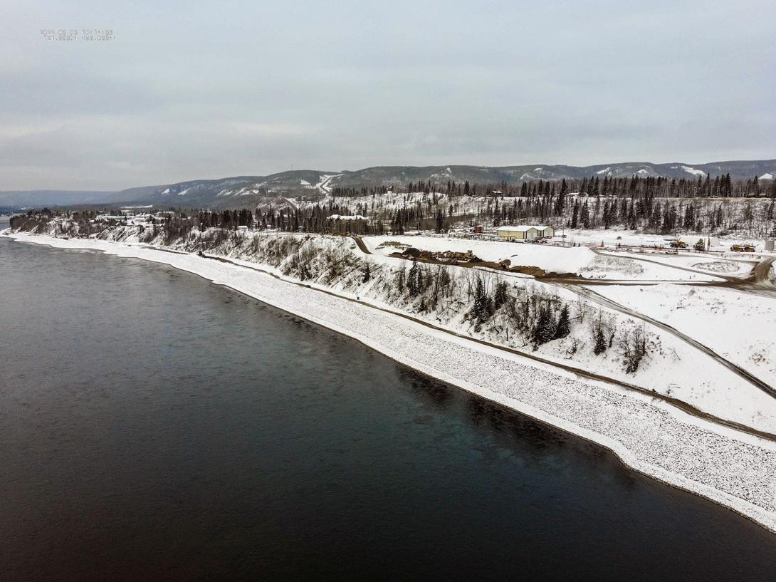 The Hudson’s Hope shoreline protection berm in winter. | March 2022