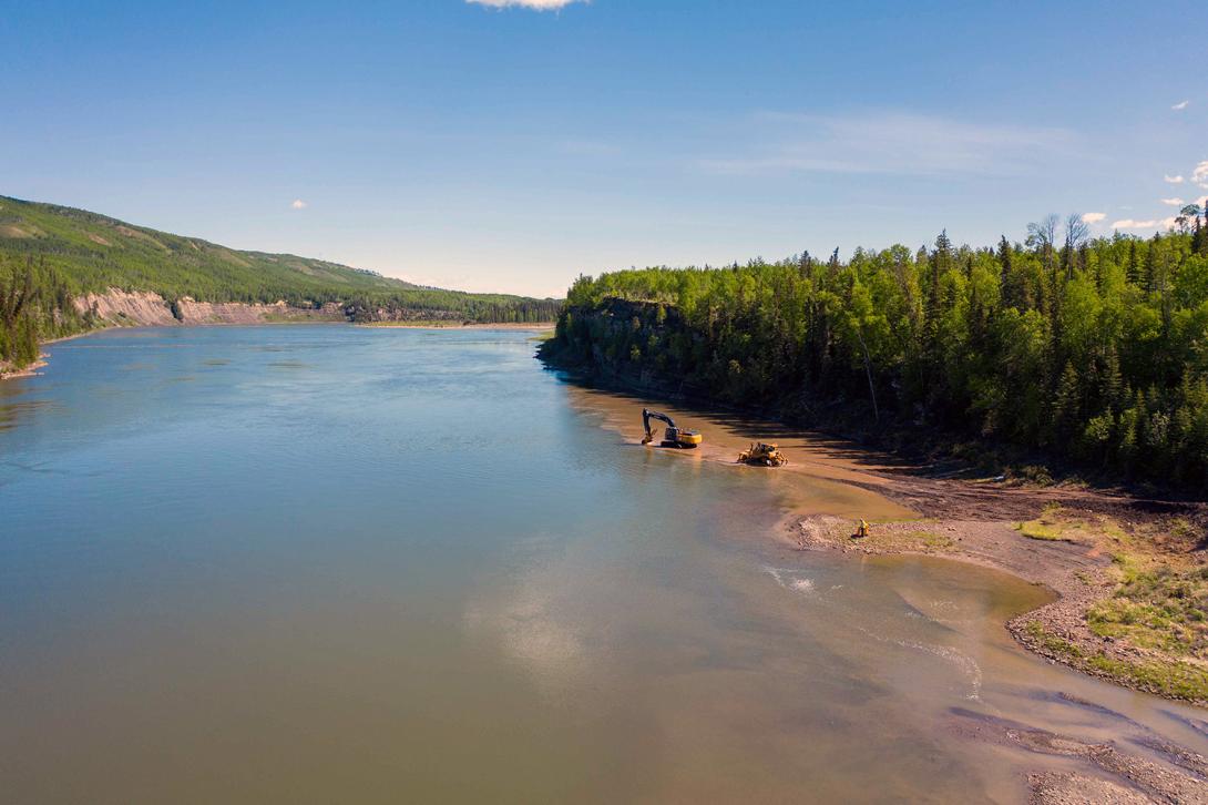 In-river construction of a spawning shoal near the Peace Canyon Dam on the Peace River. | June 2022