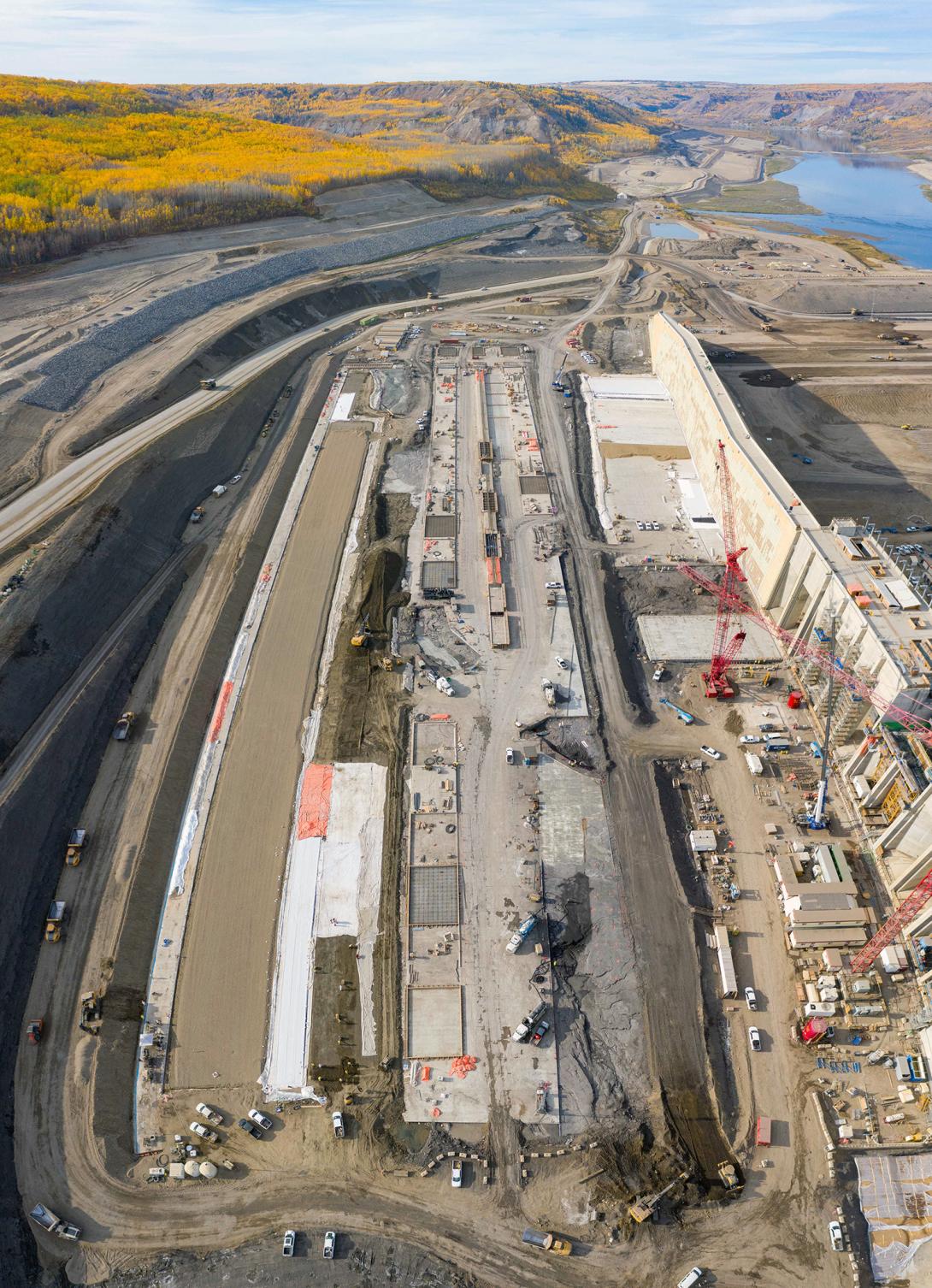 A west-facing aerial view of the approach channel lining. ! September 2022