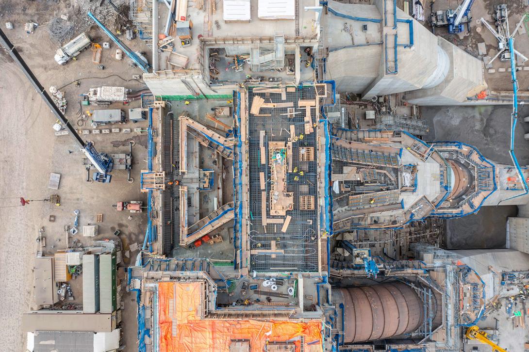 Looking down on intake unit 4, showing reinforcing steel and formwork on various placements throughout the structure. | October 2022