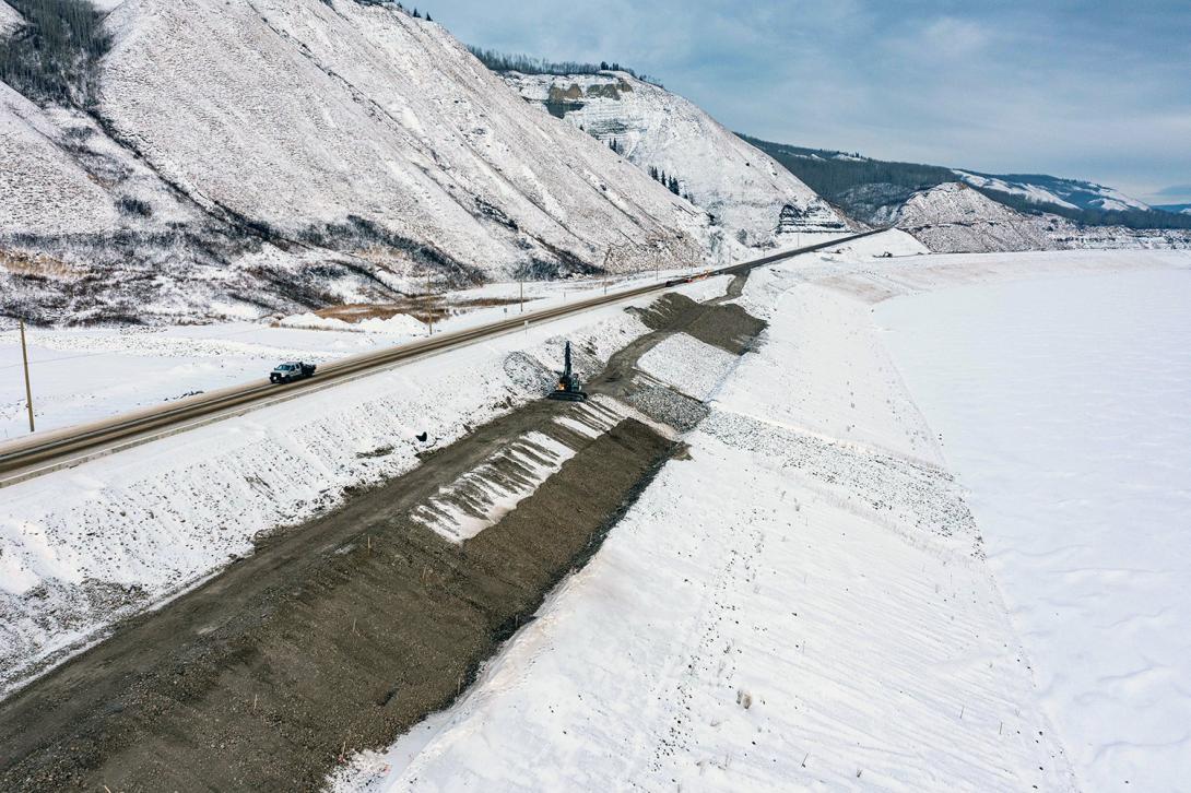The Lynx Creek east embankment and newly-completed Highway 29 realignment seen at the left. | December 2022