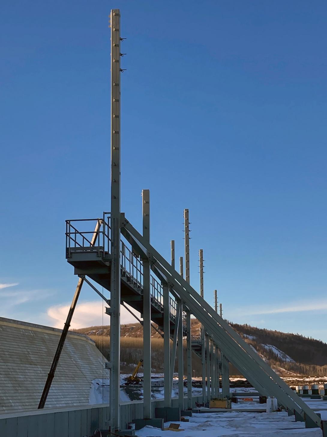 The transmission structure on top of the powerhouse will connect the transformers below to the transmission towers on top of the intake structure. Those towers will then feed electricity to the substation. | February 2023