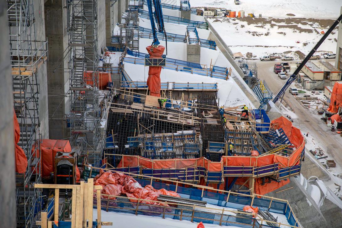 Installing reinforcing steel and formwork to pour concrete on penstock unit 5. Water will flow through six penstocks into the powerhouse to generate electricity. | March 2023