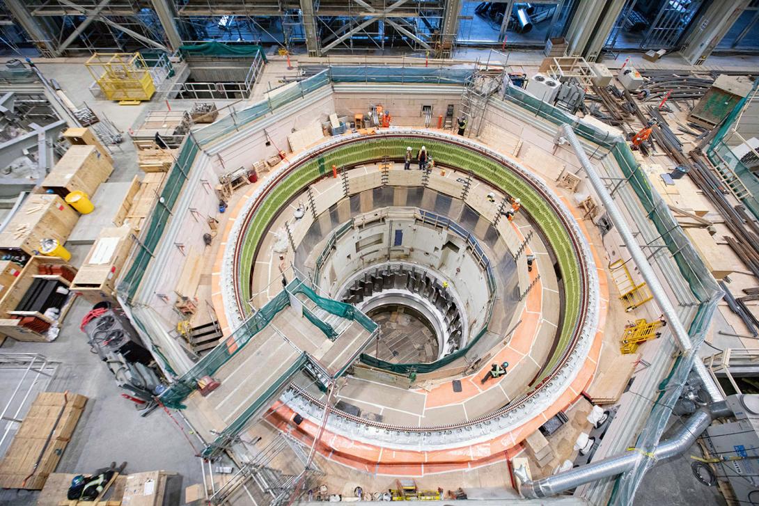 The stator bar is installed for the Unit 2 generator inside the powerhouse. The stator converts the rotating magnetic field into an electrical current. | March 2023