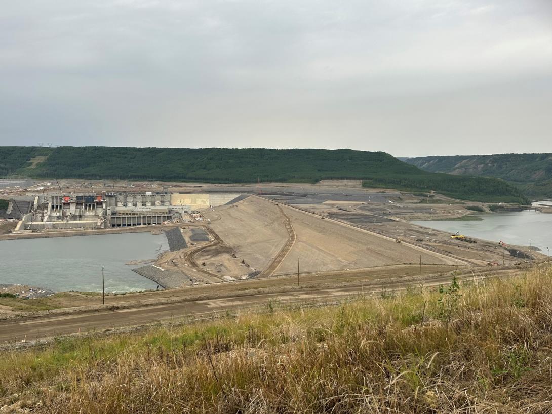 Aerial view of the completed earthfill dam.