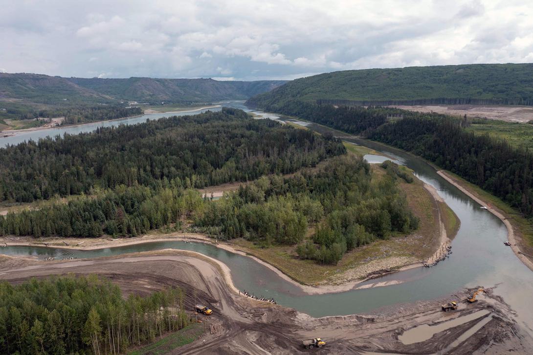 An outlet has been excavated to create a new fish habitat by connecting to a previously constructed side channel downstream of the dam. When the Site C dam is operational this channel will fill with water. | August 2023