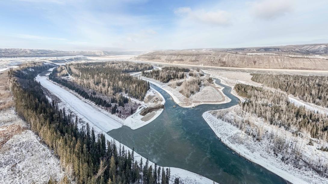 A short distance downstream of the Site C dam, the fish habitat has deepened channels with embedded structures to provide safe resting places.