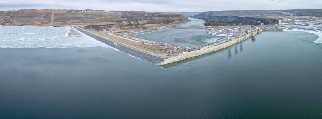 Ice is receding from the reservoir on the upstream side of the Site C dam. | March 2025