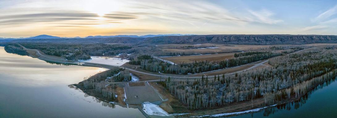 Aerial view of the realigned segment of Highway 29, with the Lynx Creek boat launch at bottom. | April 2025