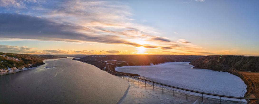 The Site C reservoir and the Halfway River (right) near sunset. | March 2025